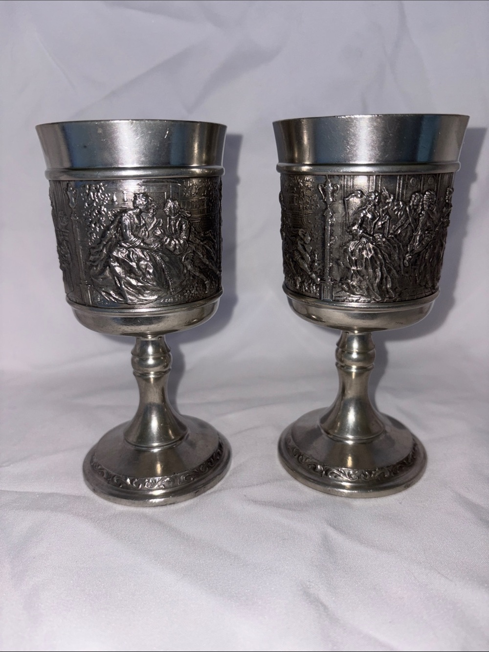 Vintage Pewter Grenningloh 95% Zinn Goblets German Tavern Scene Collectible